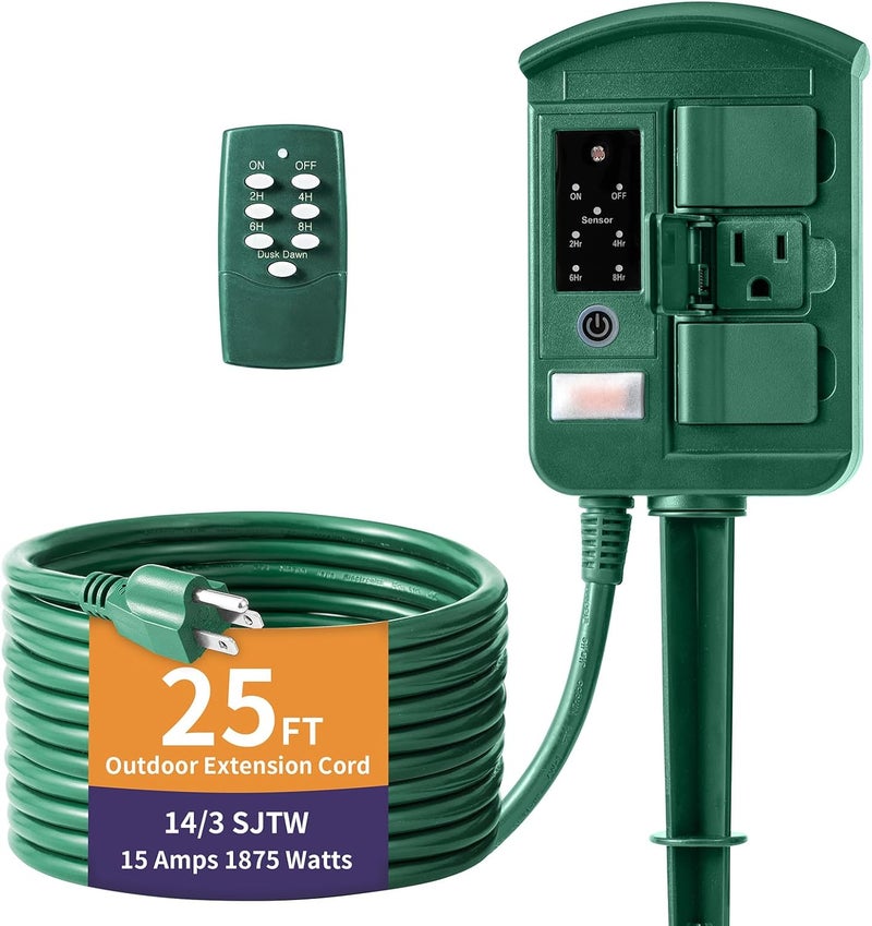 QITIM Outdoor Power Stake Timer for Christmas Light Decorations Waterproof, Dusk to Dawn, Outdoor Power Strip with 6 Outlets, 1875W/15A, 100FT Wireless Remote Control, 25FT Extension Cord, Heavy Duty - Image 1